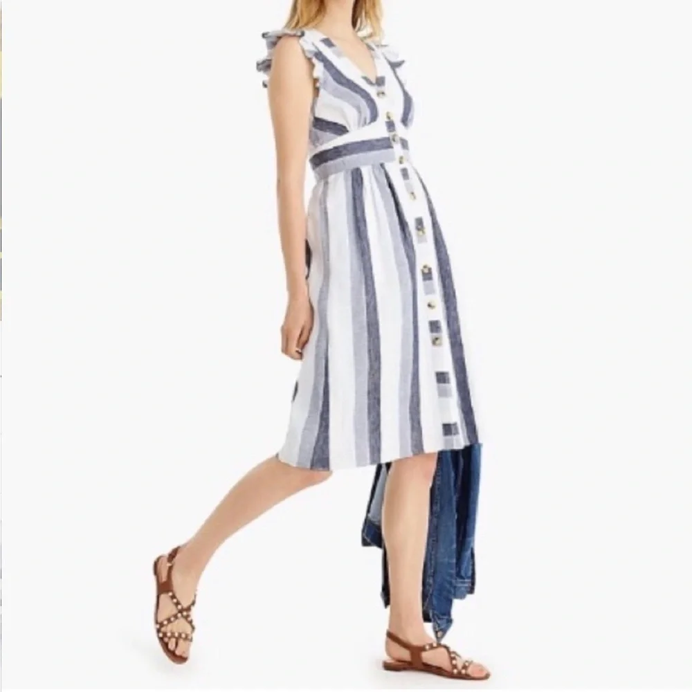 J. Crew Pointe Sur Button-front linen midi dress in faded indigo stripe Size 00 - Picture 2 of 6